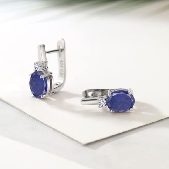 925 Sterling Silver with 4.10 Cttw Lapis Lazuli and White Sapphire Oval Earrings - Picture 2 of 4